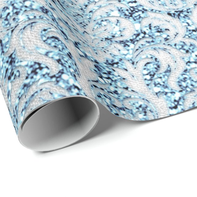 Papier Cadeau Damask Parties scintillant Blue Silver Grey Royal  (Coin rond)