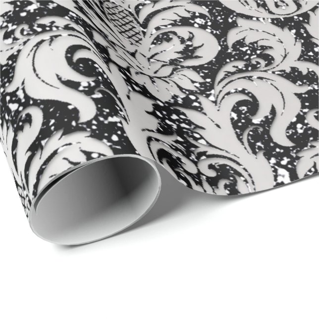 Papier Cadeau Damask Parties scintillant Silver Grey Black Royal (Coin rond)