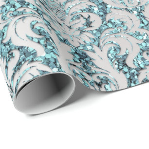 Papier Cadeau Damask Parties scintillant Tiffany Silver Grey Seq