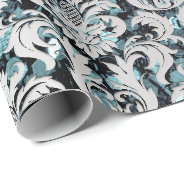 Papier Cadeau Damask Parties scintillant Turquoise Silver Grey S (Coin rond)