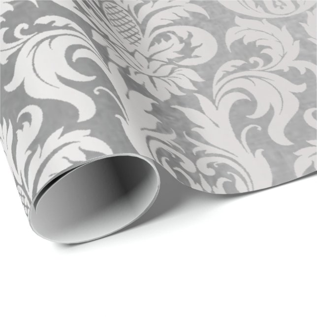Papier Cadeau Damask Silver Grey Royal Metallic Mariage élégant (Coin rond)