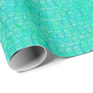 Papier Cadeau damassé arabesque - aqua et turquoise
