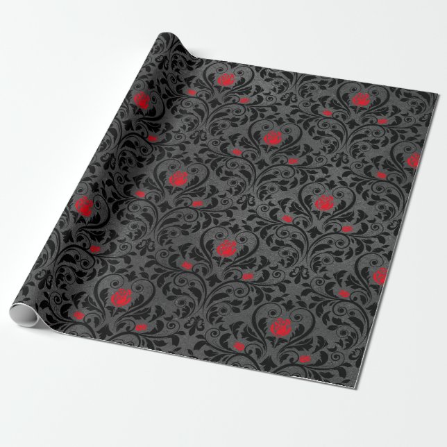 Papier Cadeau Damassé de rose rouge et de noir (Déroulé)