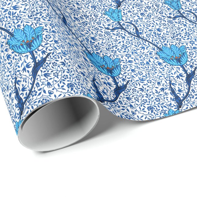 Papier Cadeau Damassé de tulipe de Nouveau d'art, bleu de cobalt (Coin rond)