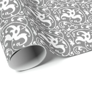 Papier Cadeau Damassé florale d'Ikat - gris/gris et blanc