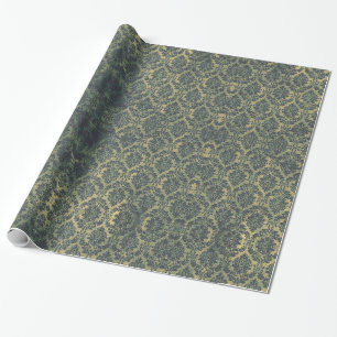 Papier Cadeau Damassé florale en bronze verte vintage de