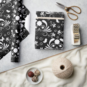 Papier Cadeau Damassé gothique élégant papillon floral noir
