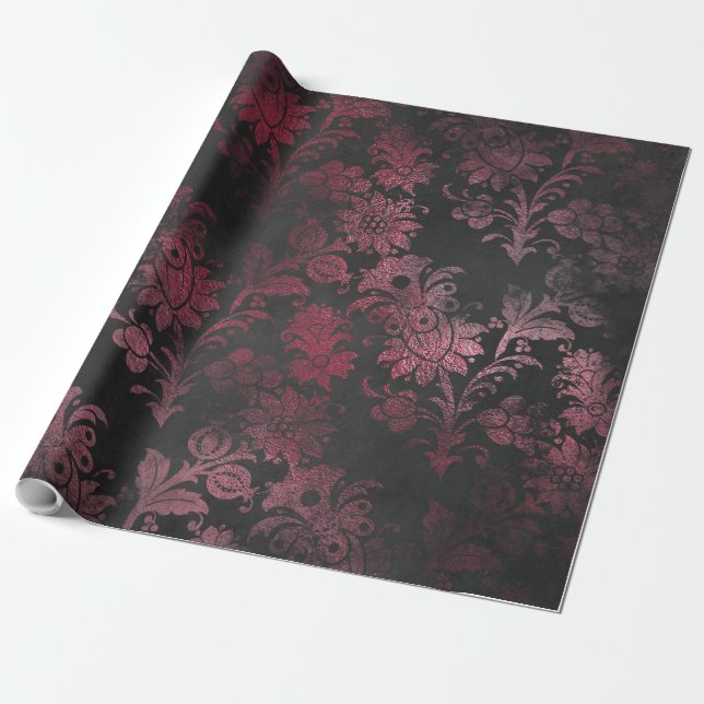 Papier Cadeau Damassé grunge 15 d'éraflure antique rose et noire (Déroulé)