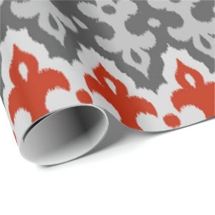 Papier Cadeau Damassé Ikat marocain, gris graphite et rouge