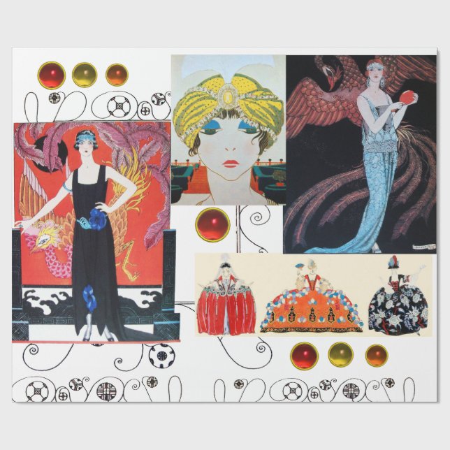 PAPIER CADEAU DAME AU PHÉNIX, MODE COSTUME ART DÉCO BEAUTÉ (Plat)