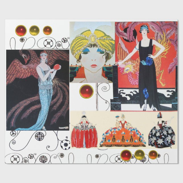 PAPIER CADEAU DAME AU PHÉNIX, MODE FEMME ART DÉCO COSTUME (Plat)