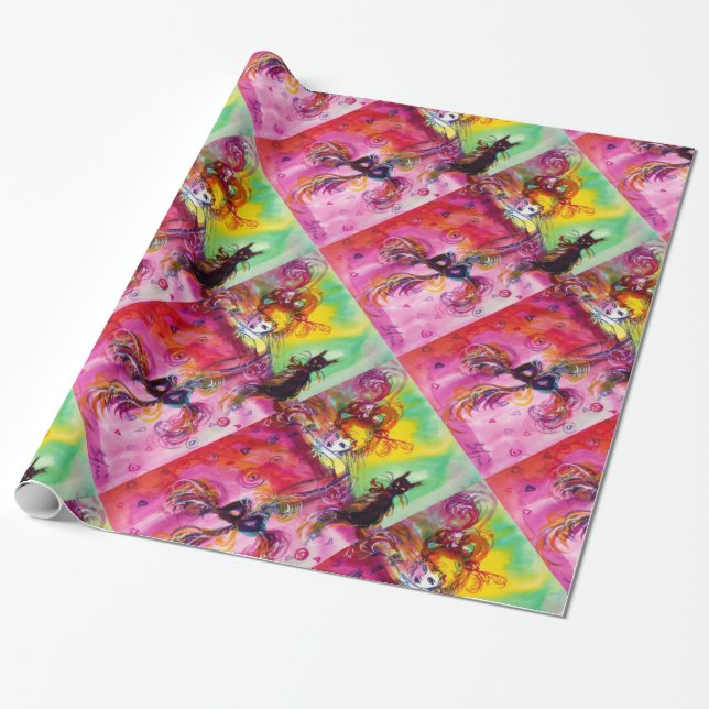 Papier Cadeau DAME AVEC CHAT NOIR ET FÊTE Masquerade MASK (Déroulé)