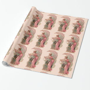 PAPIER CADEAU DAME DE LA LUNE AVEC FLEURS EN ROSE
