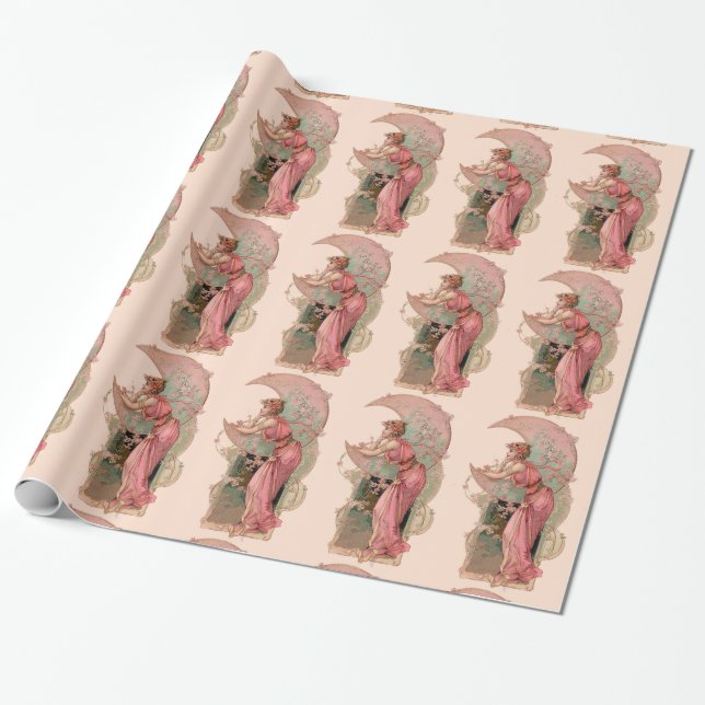 PAPIER CADEAU DAME DE LA LUNE AVEC FLEURS EN ROSE (Déroulé)