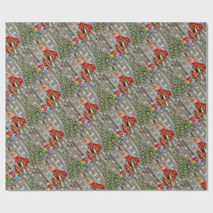 Papier Cadeau Dame de l'Arbre de Noël en Robe Rouge Tableau de l