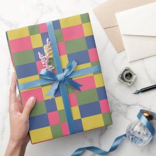 Papier Cadeau Damier Bleu Rose Jaune Vert