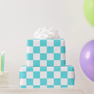 Papier Cadeau Damier bleu turquoise visuel classique
