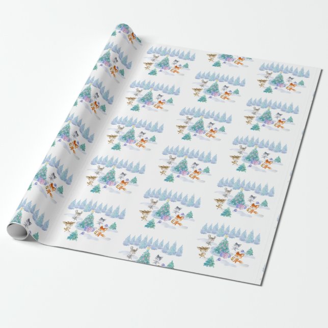 Papier Cadeau Danse Animaux de forêt Noël Aquarelle (Déroulé)