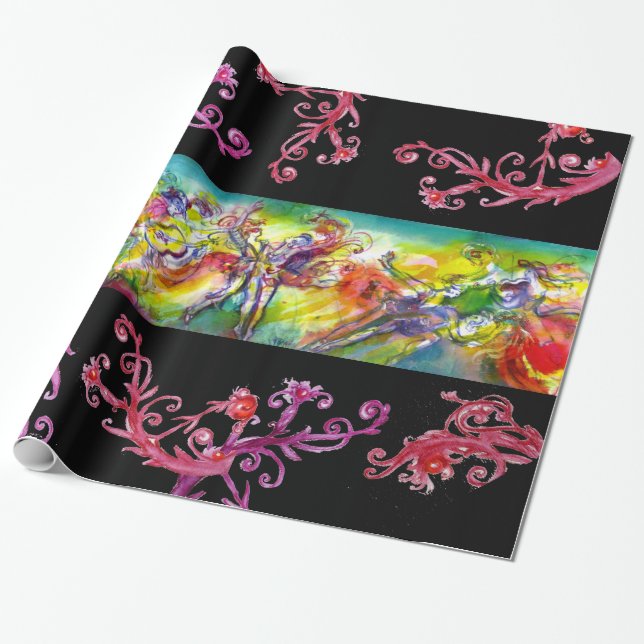 PAPIER CADEAU DANSE CARNAVALE ITALIENNE, ESCALIERS FLORAUX ROUGE (Déroulé)