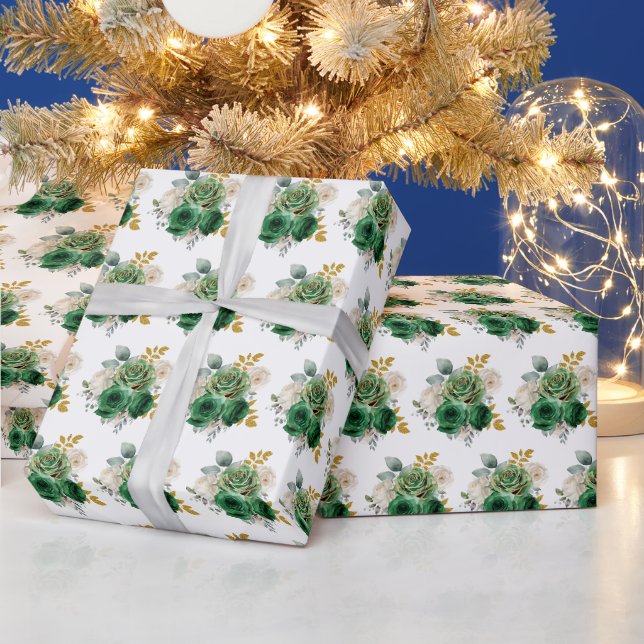 Papier Cadeau Dark Green and Gold Elegant Flowers (Vacances)