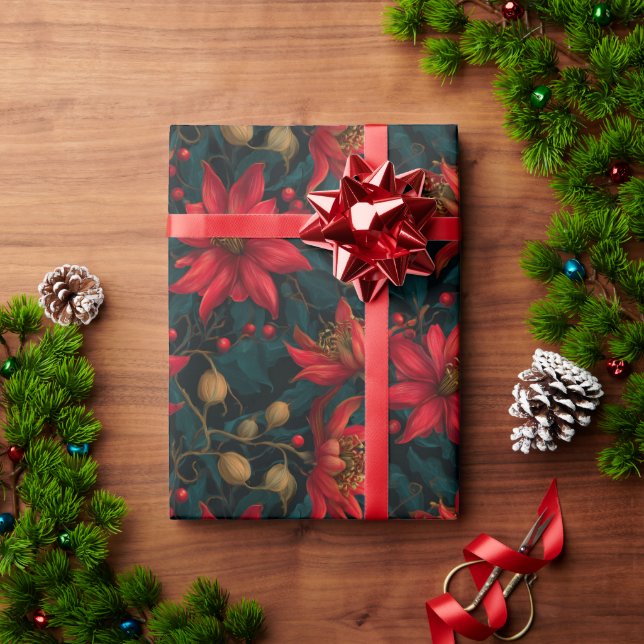 Papier Cadeau Dark Red Christmas Floral Pattern (Cadeau de vacances)