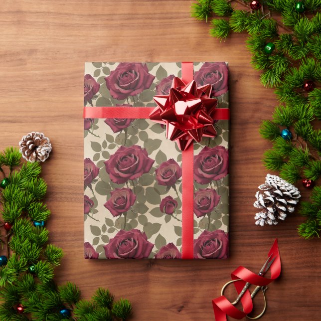 Papier Cadeau Dark Red Roses With Faded Green Leaves (Cadeau de vacances)