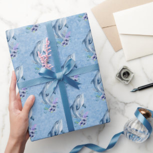 Papier Cadeau Dauphins et fleurs en bleu
