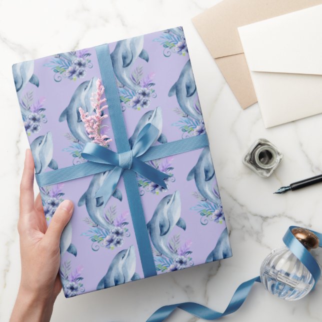 Papier Cadeau Dauphins et fleurs sur violet (Cadeaux)