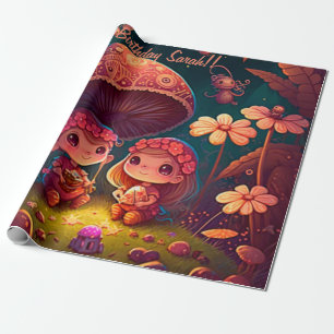 Papier Cadeau De beaux elfes mignons jouent sous les champignons