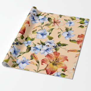 Papier Cadeau De beaux lys de tigre et de petites fleurs bleues 
