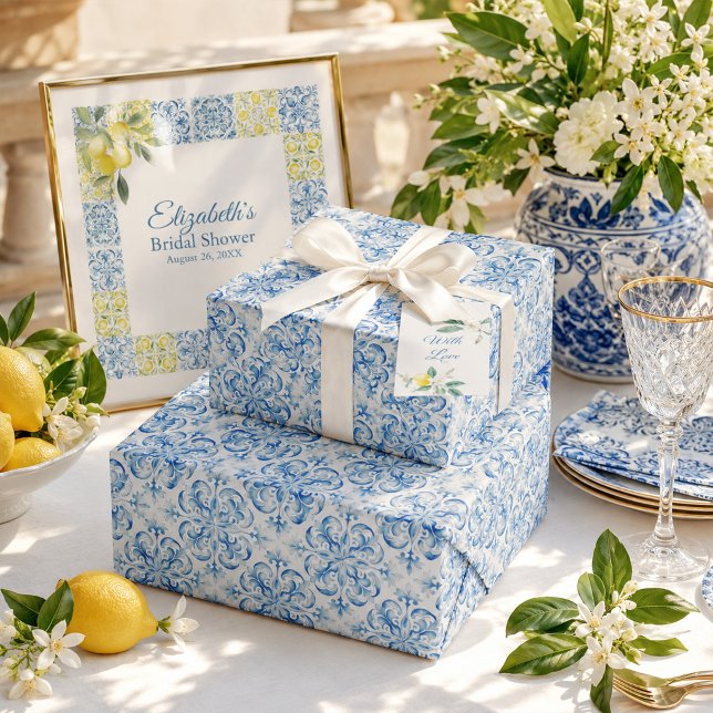 Papier cadeau de douche nuptiale en carreaux bleus (Mediterranean Blue Tile Bridal Shower Wrapping Paper)