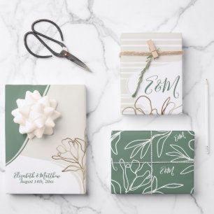 Papier cadeau de mariage floral abstrait à monogra