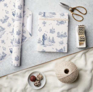 Papier cadeau de mariage style toile ivoire bleu