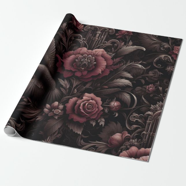 Papier cadeau de marron, blanc, floral noir (Déroulé)