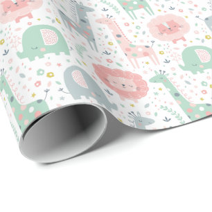 Papier Cadeau De mignons animaux de la jungle sur blanc