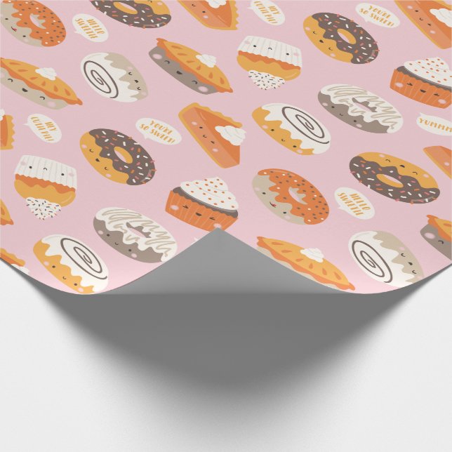 Papier Cadeau De mignons cupcakes, beignets et tartes avec du te (Coin)