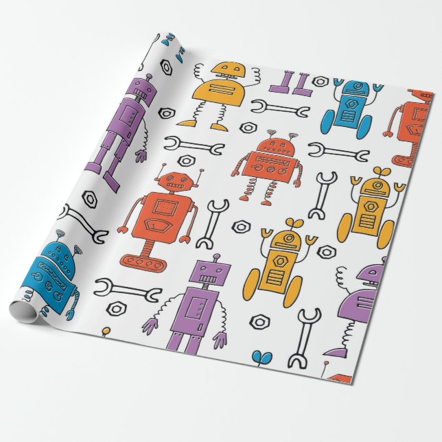 Papier Cadeau De mignons robots à doodle. Motif sans couture. Ch (Déroulé)
