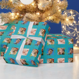 Papier cadeau de Noël à quatre photos bleu et pail