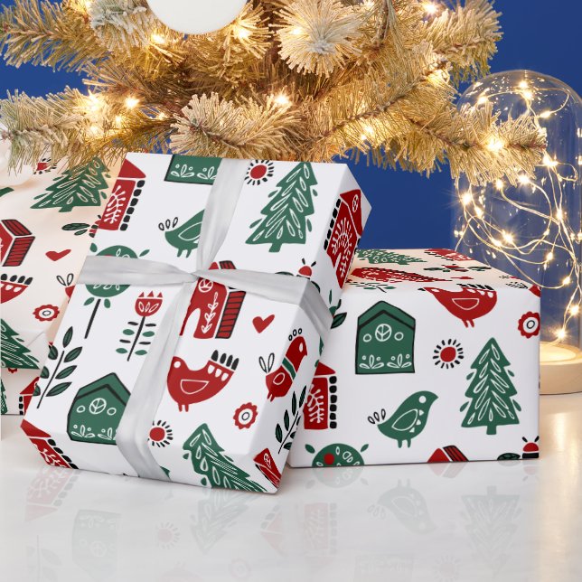 Papier cadeau de Noël scandinave rouge et vert (Vacances)