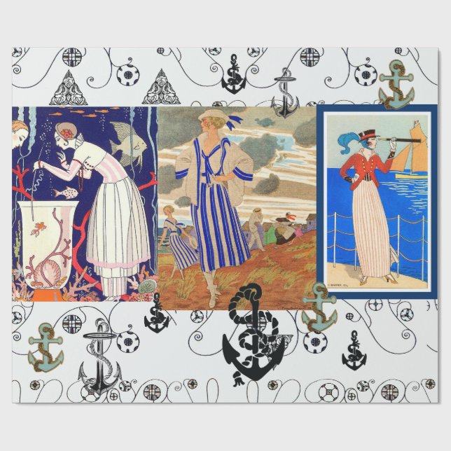PAPIER CADEAU DECO NAUTIQUE BEAUTÉ DE MODE AVEC ANCRE (Plat)