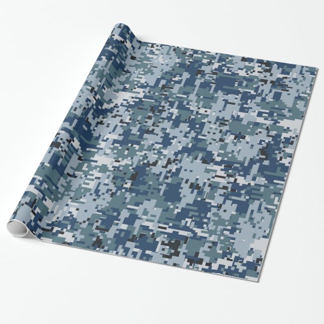 Papier Cadeau Décor de camouflage numérique bleu Navy (Déroulé)
