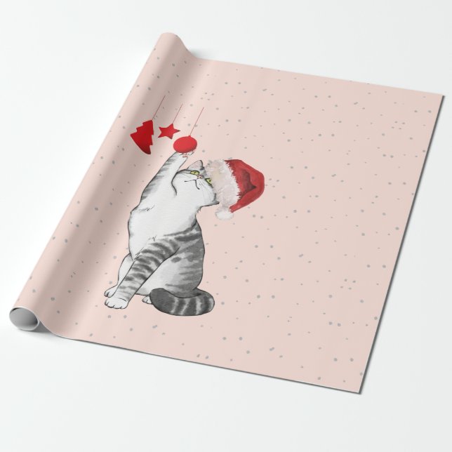 Papier Cadeau Décor de Chat de Noël Amusants Argent (Déroulé)