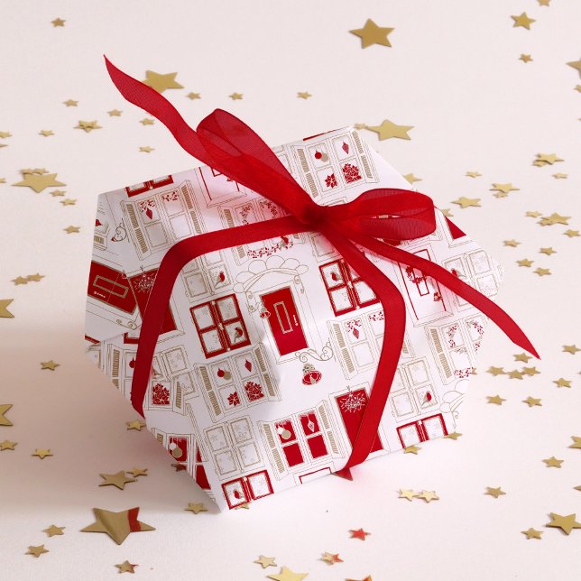 Papier Cadeau Décor de Noël contemporain (A fun gift wrap featuring decorated doors and windows seen from the in- and outside in red and beige)