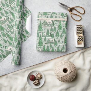 Papier Cadeau Décor de Noël en toile verte pour sapin