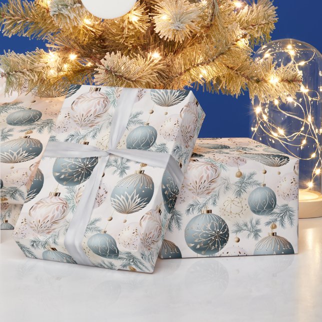 Papier Cadeau Décorations d'arbre de Noël Pastel Bleu & Blanc (Vacances)