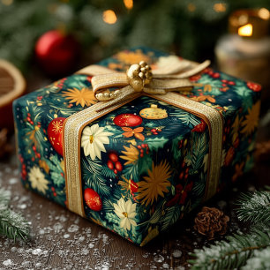 Papier Cadeau Décorations de Noël Classiques & Feuillage de Fête