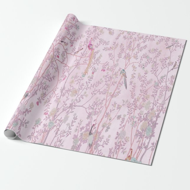 Papier Cadeau Découpage d'oiseaux de la Chinoiserie rose (Déroulé)