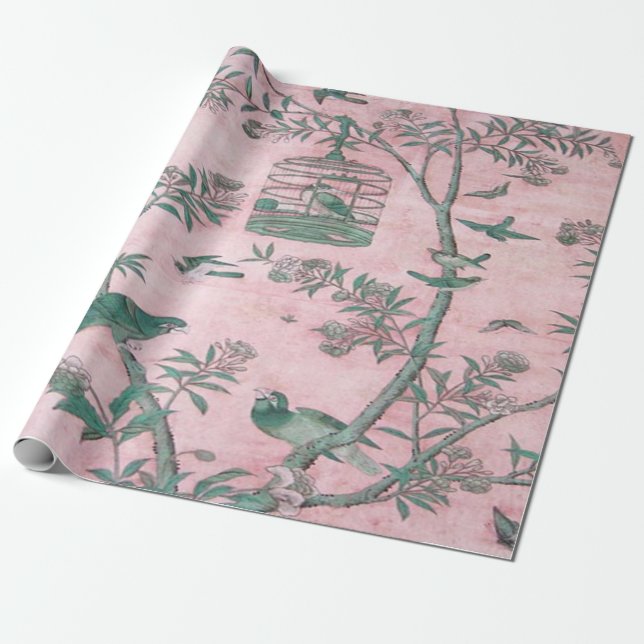 Papier Cadeau Découpage d'oiseaux de la Chinoiserie rose (Déroulé)