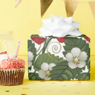 Papier Cadeau Découpe de fraises rouges et de feuilles vertes