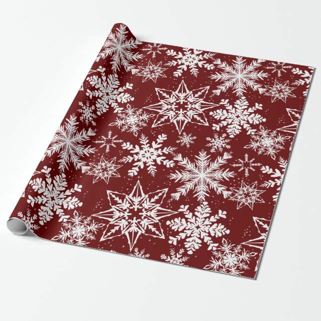 Papier Cadeau Deep Red Winter Wonderland Snowflake Motif (Déroulé)